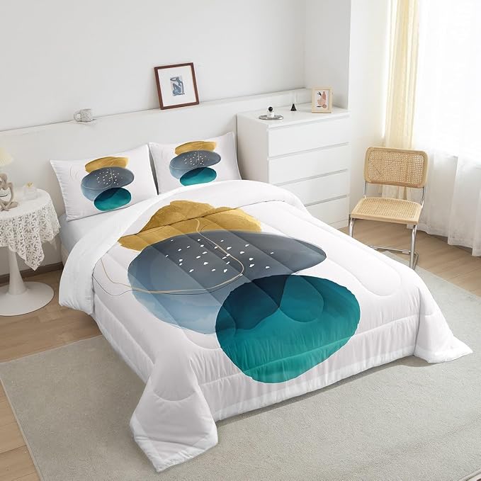 Geometric Bedding Twin Vintage Minimalism Comforter Set, Mid Century Bedding Comforter Sets Abstract Polka Dots Duvet Insert, Aesthetic Lines Down Comforter Beige Dark Green White Grey 2-Piece