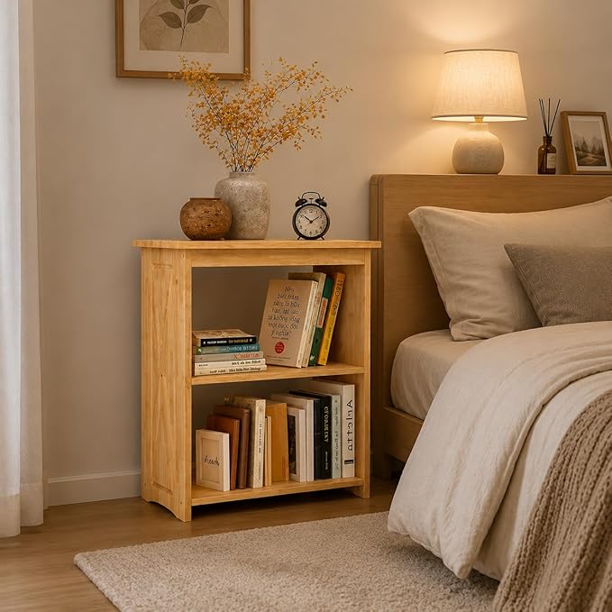 Rustic Bedside Table with Storage Shelf, Wood End Table for Bedroom & Living Room, Narrow Farmhouse Side Table, Modern Nightstand for Bedroom, Living Room and Office (Natural)