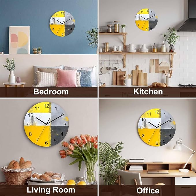 Abstract Style Wall Clock Battery Operated Non-Ticking 10" Round Wood Clocks, Yellow Gary Color Block Oil Painting Kitchen Wall Clock for School Bathroom Living Room Home Office Wall Decor