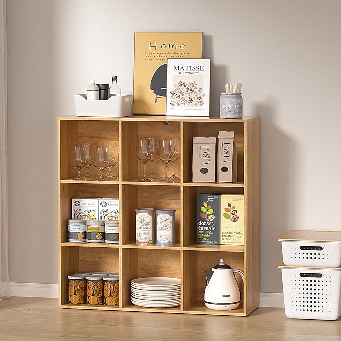 Wooden 9 Cube Storage Organizer with Closed Back Panel,White Cube Shelf Cubby Storage Organizer with Compartments for Living,Bookshelf, Easy to Install (Oak, 9 Cube-11in)