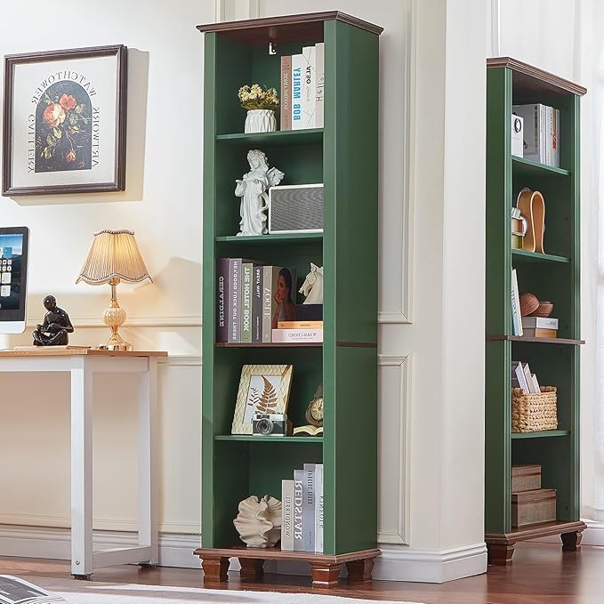 SAVOR LIFE 70" Tall Narrow Book Shelf, Wood Skinny Bookshelf with Adjustable Shelves & Wooden Legs, Farmhouse Bookcase w/5-Tier Storage, Free Standing Bookshlves for Office, Living Room, Green, 2PCS