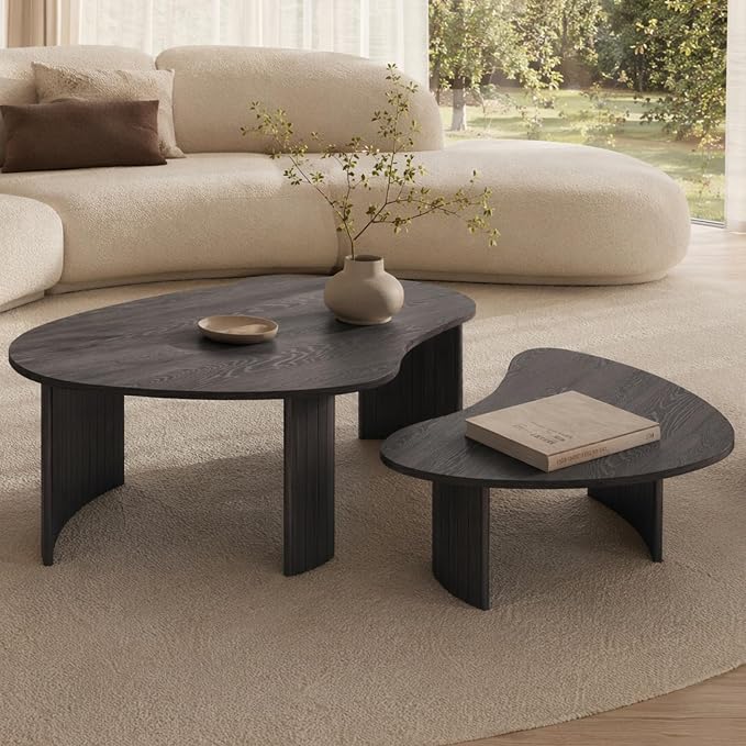 Black Nesting Coffee Table Set of 2 – Cloud/Mango Shaped Wood Grain Veneer Top with Fluted Solid Wood Legs, Space-Saving End Tables for Living Room