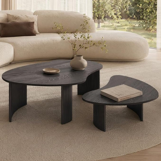 Black Nesting Coffee Table Set of 2 – Cloud/Mango Shaped Wood Grain Veneer Top with Fluted Solid Wood Legs, Space-Saving End Tables for Living Room