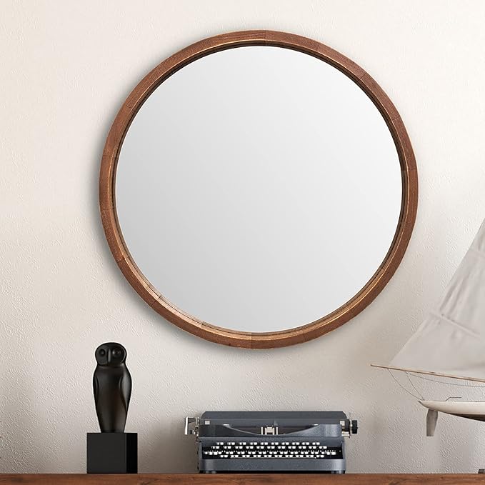 LYYYXGYP Round Wood Mirror 24 Inch Farmhouse Wall Mirror Wooden Framed Brown Circle Mirror for Bathroom