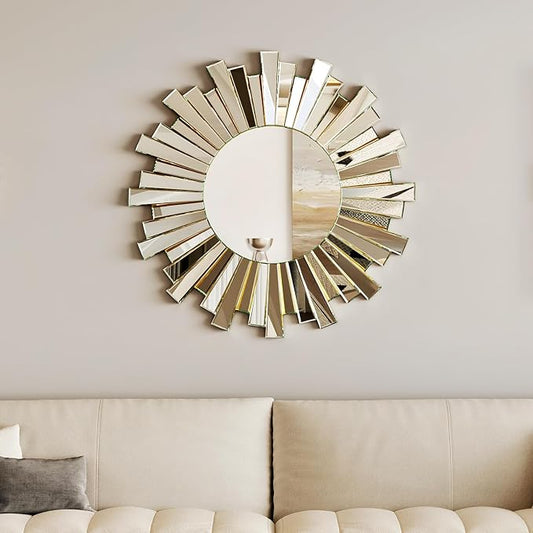 Sunburst Round Wall Mirror - 26" Large Starburst Decorative Mirror with 3D Beveled Glass Frame, Modern Frameless Unique Wall Decor for Living Room, Dining Room, Entryway, Fireplace