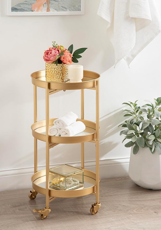 Kate and Laurel Celia Modern 3-Tier Bar Cart, 16 x 16 x 29, Gold, Decorative Round Rolling Serving Cart with Lockable Wheels and Three Tiers of Storage and Display Space