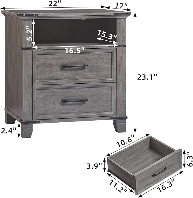 22" Nightstand, Farmhouse Nightstand with 2 Drawers,Industrial Bedside Table with Open Shelf for Bedroom Living Room,Office Bed Side Tables Couch End Table,Grey