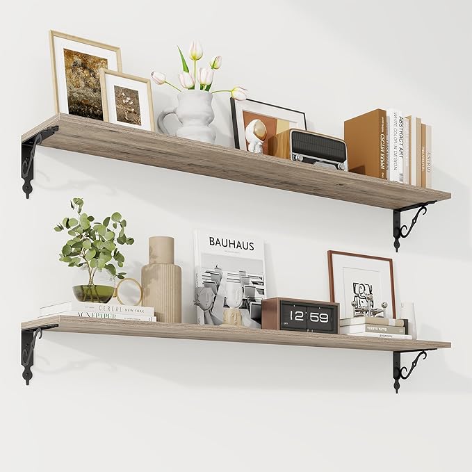RICHFOCUS Floating Shelves for Wall Decor, 47.3W x 8D Shelves Set of 2, 8 Inch Deep Rustic Wood Shelves Wall Mounted with Brackets, Long Floating Shelves for Living Room Bedroom Kitchen, Grey