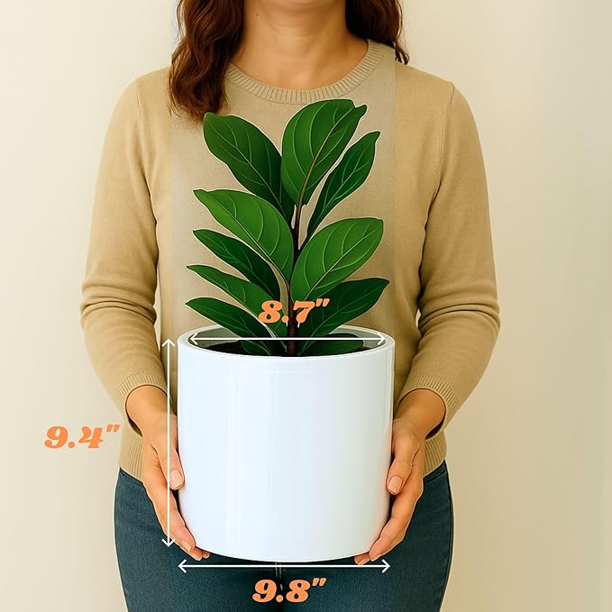 Fox & Fern Large Indoor Planter, Modern Large Plant Pot for Indoor or Outdoor, UV and Frost Resistant - 10 Inch, Fiberstone, Glossy White Flower Pot with Drainage Plug, Lightweight