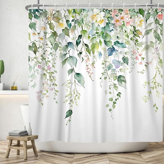 Sage Green Eucalyptus Shower Curtain Watercolor Botanical Floral Leaves Shower Curtain Set Spring Nature Bathroom Decor with 12 Hooks,66x72 Inches