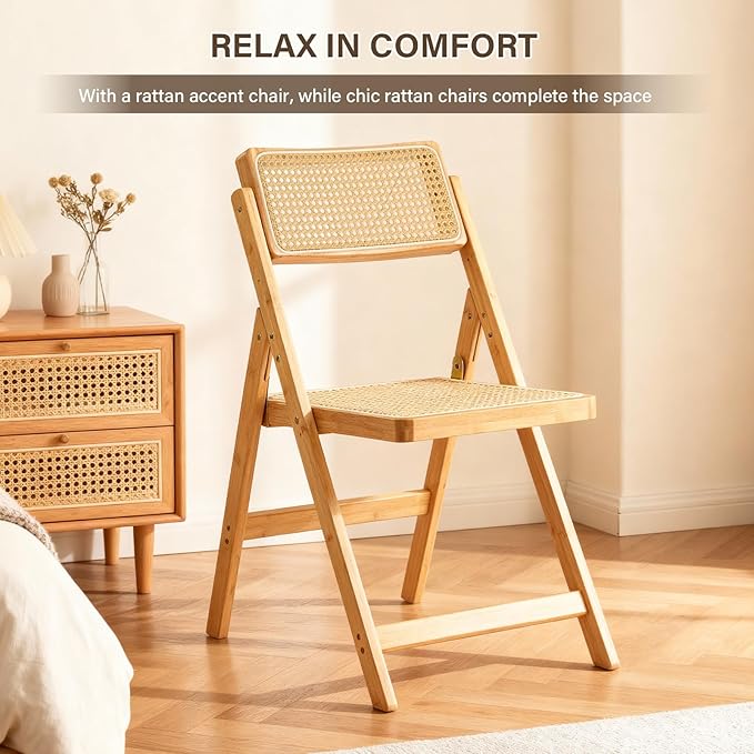 Furlide Rattan Folding Chair, Modern Mid Century Dining Chair Set of 1, Outdoor Bamboo Chairs for Bedroom Living Room Reading Room Dining Kitchen, Wood