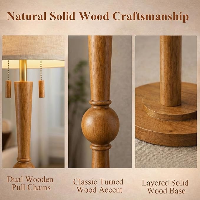 MOFFE 62.8" Solid Wood Floor Lamp,Tall Standing Floor Lamp with 2-Light Pull Chain, 17" Linen Drum Shade, Sculptural Wood Base & Stem,Transitional Floor Lamp for Living Room Bedroom, Includes 2 Bulbs