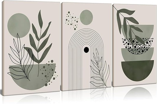 3Pcs Framed Boho Wall Art Sage Green Wall Decor Posters & Prints Minimalist Geometric Line Leaf Sun Moon Beige Canvas Artwork Paintings Room Bedroom Bathroom Office 16x24inch Ready to hang