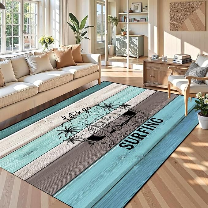Surfing Area Rug Beach Van Palm Tree Carpet Retro Wood Grain Striped Rugs Non Slip Washable Floor Mat for Bedroom Living Room Nursery Playroom Classroom Home Decor,6'x9'
