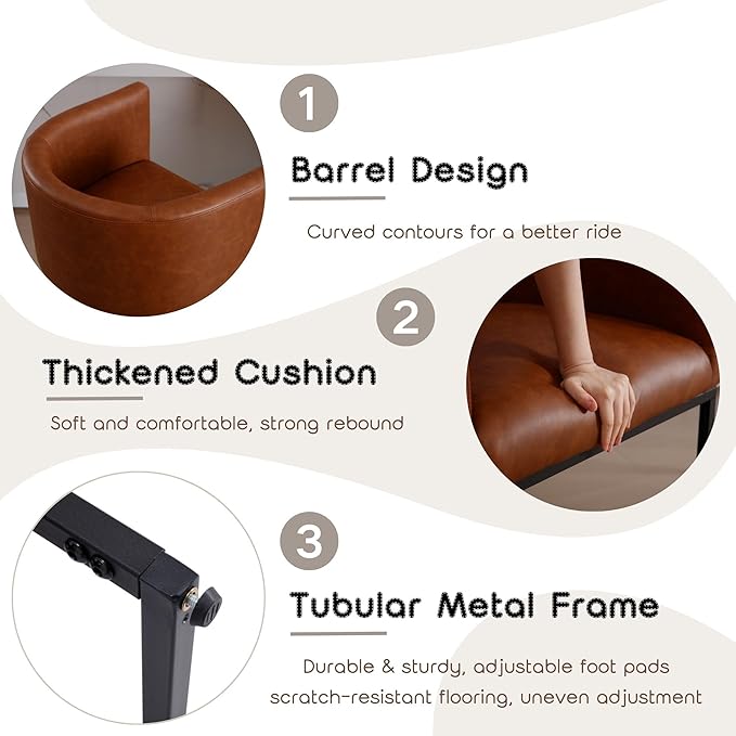 PU Leather Bar Stools Set of 3, Modern Upholstered Counter Height Bar stools 24" Leather Barstools Barrel Kitchen Counter Island Stools with Black Metal Base, Brown