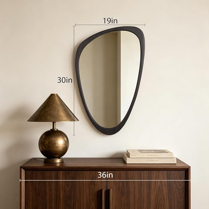 HOMECOOKIN 30" H x 19" W Asymmetrical Mirror, Irregular Wooden Wall Mirror for Bedroom, Living Room,Entryway– Mid-Century Modern Decorative Mirror, Solid Wood Frame, Pebble Shaped Design (Dark Brown)