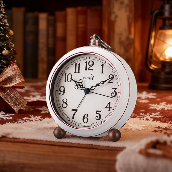 FLOITTUY 4.5" Battery Operated Antique Retro Analog Metal Alarm Clock, Silent Bedside Desk Clock, Wall-Hanging Vintage Clock(Vintage White)