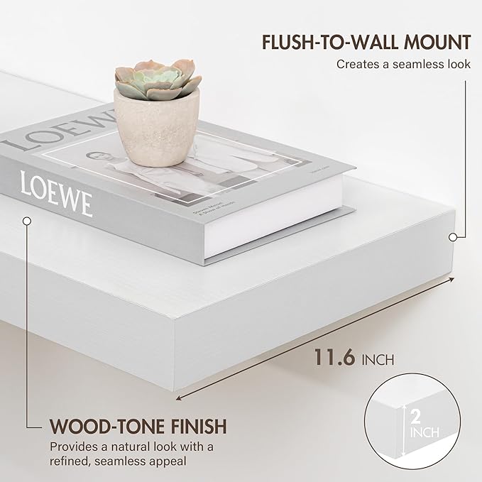 72 Inch Floating Shelves, 12" Deep Floating Shelf Wall Mounted, 72" Wall Shelves, Rustic Deep Bookshelf, Extra Deeper & Thicker Display Shelves for Bedroom, Living Room, White, Set of 1