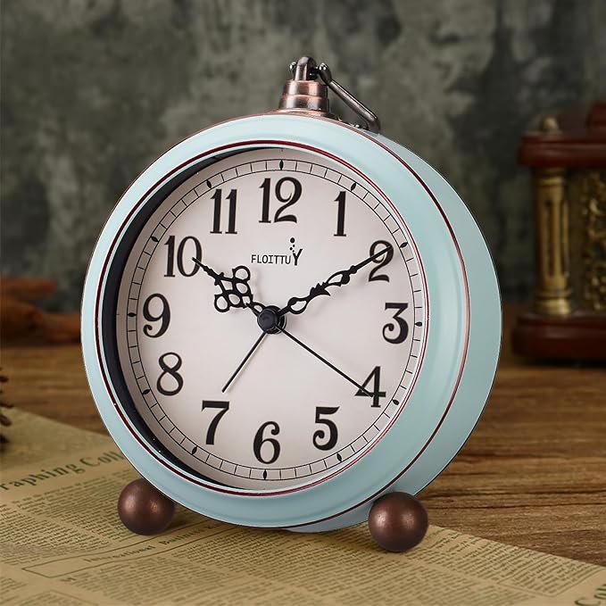 FLOITTUY 4.5" Battery Operated Antique Retro Analog Metal Alarm Clock, Silent Bedside Desk Clock, Wall-Hanging Vintage Clock(Vintage Green)