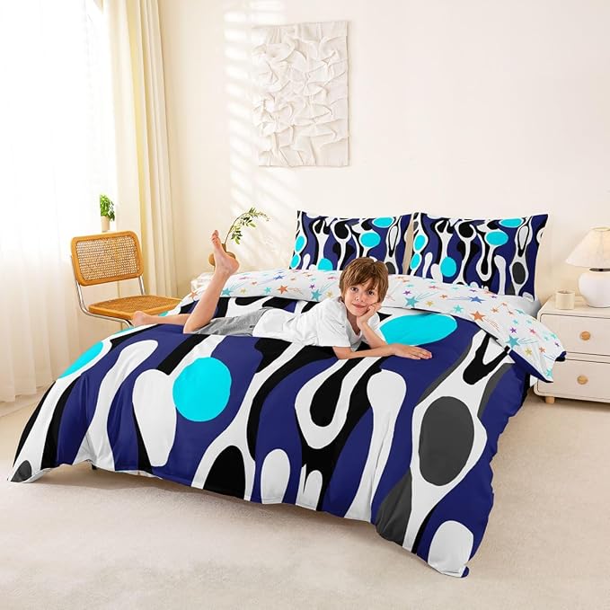 Erosebridal Organic Abstract Duvet Cover Set Modern Contemporary King Bedding Set for Adult Men Boho Mid Century Wavy Lines Comforter Cover Retro Geometric Bed Sets,Dark Blue Cyan