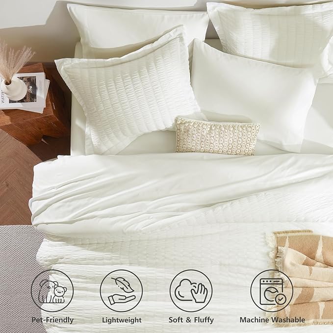 CozyLux California King Comforter Set with Sheets 7 Pieces Ivory Seersucker Bed in a Bag, Cal King Luxury All Season Bedding Set with Down Alternative Comforter, Sheets, Pillowcases & Shams, Home Gift