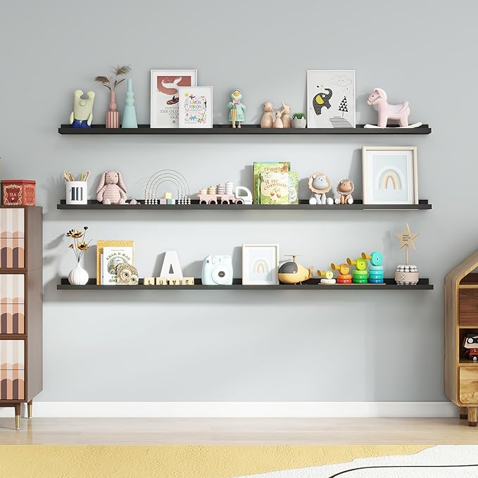 Axeman 72 Inch Floating Shelves | Black Picture Ledge Shelf Set of 3 | Rustic Wood Wall Shelves with Lip | 72" Black Picture Shelf for Wall with Ledge | Photo Shelves