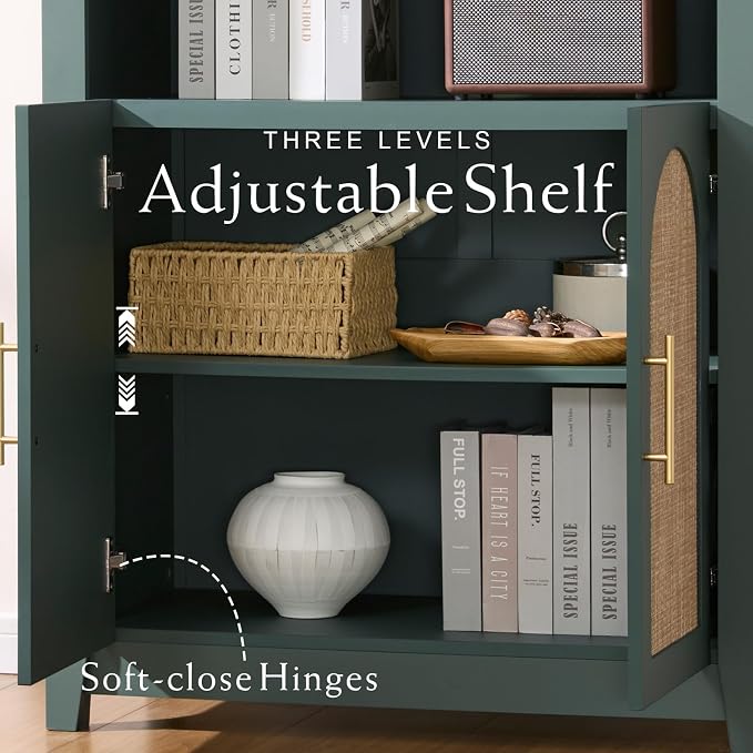 RowyPoey Rattan Arched Cabinet Bookshelf - 69.3” Tall Mid Century Display Cabinet, Rounded Bookcase with Rattan Doors, Open Shelf Storage for Dining Room (Green, 1 PC)