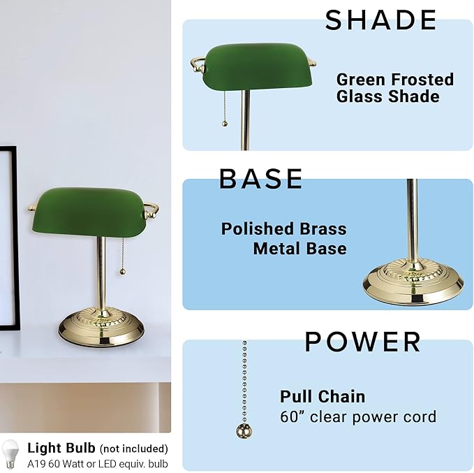 Catalina Lighting 13.5'' Traditional Banker's Lamp Light Fixture with Green Glass Cylinder Shade for Office, Library, Living Room, or Dorm, Polished Brass