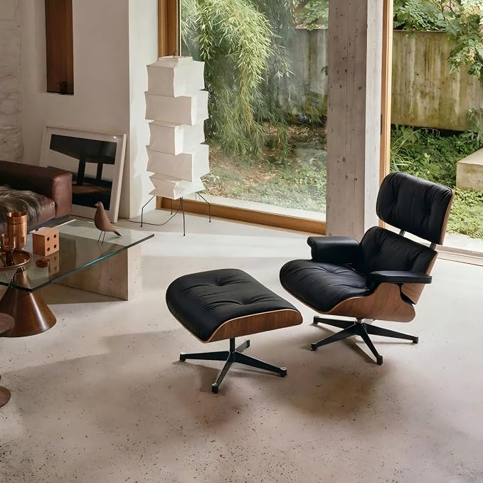 Top Grain Leather Mid Century Chaise Lounge Chair and Ottoman, Reading Chair, Leather Accent Chair, Modern Chair, Classic Design, Heavy Duty Base Support for Living Room Lounge Office