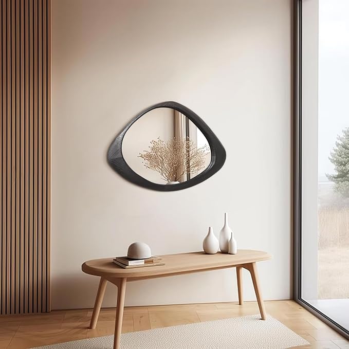 AAZZKANG Irregular Mirror Black Asymmetrical Wall Mounted Mirrors Large Modern Wood Frame Wall Mirror for Bathroom Bedroom Living Room Entryway 24"x16"