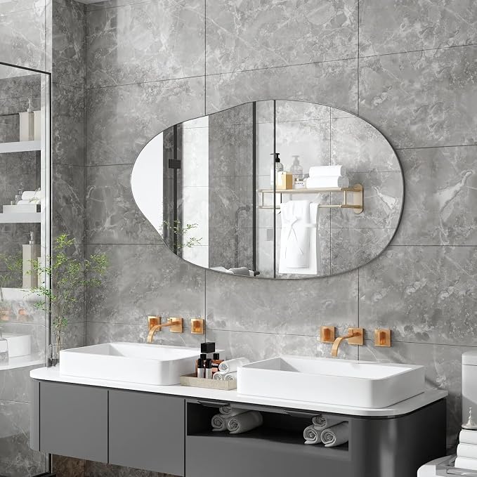 Bathroom Wall Mirror Wood Framed Modern Decorative Irregular Asymmetrical Mirrors for Bedroom Living Room Entryway Dressing Table Wall Decoration Room Decor 26" L x 18" W