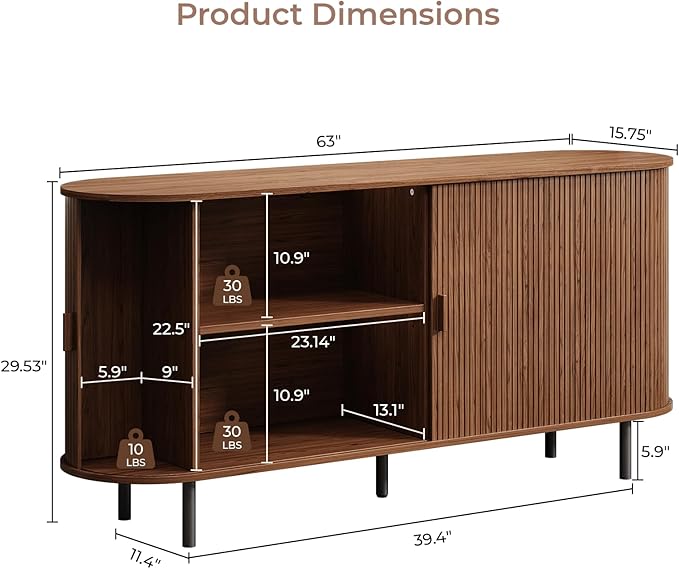 Buffet Cabinet with Storage, Fluted Sideboard Buffet with Sliding Door, Coffee Bar Cabinet with Adjustable Shelf, Console Table, Accent Table for Entryway, Kitchen (Walnut, 63 Inch)