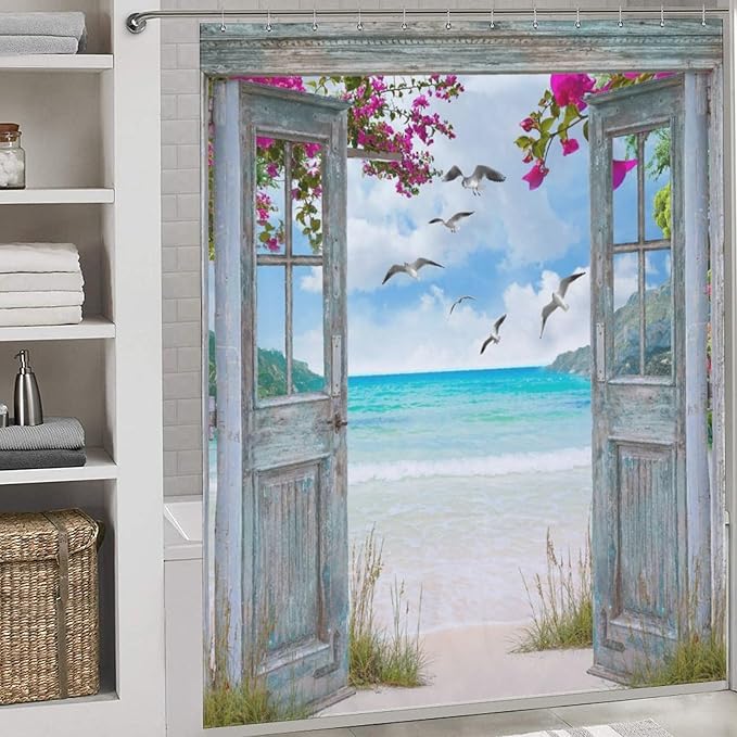Ocean Beach Shower Curtains,Farmhouse Scenery Sea Wave Retro Wood Rustic Nature Landscape Bathroom Decor Polyester Fabric Waterproof Bathroom Curtain with Hooks,72x78Inch