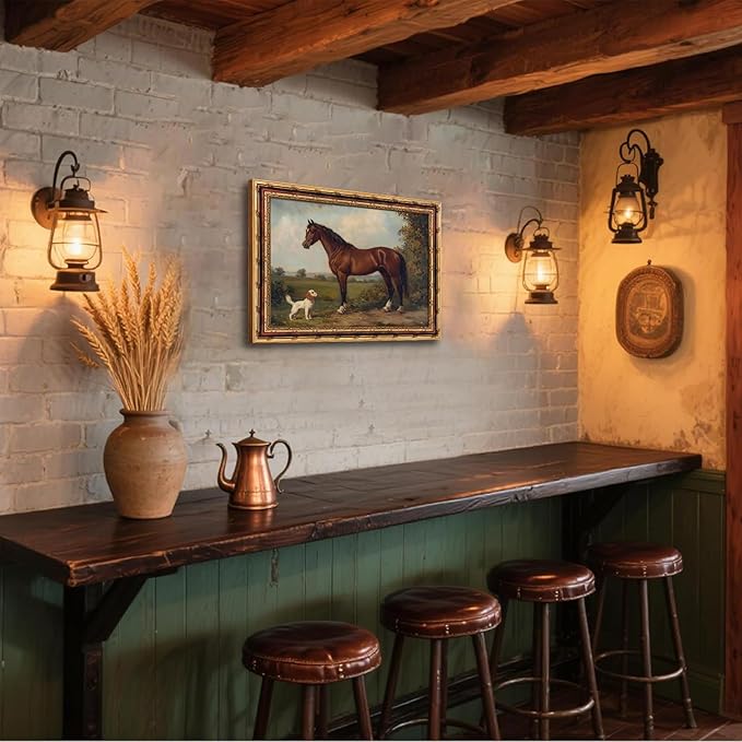 Vintage Horse and Dog Wall Art with Gold Antique Frame, Classic Western Farmhouse Painting Print, Rustic Country Home Decor Picture Wall Art 12×16 Inch