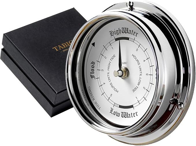 Traditional Tide Clock: Heavy Brass, Chromium-Plated (0.5 kg), Nautical Elegance, Handmade in England—Perfect for Fishing Tides, Durable Design