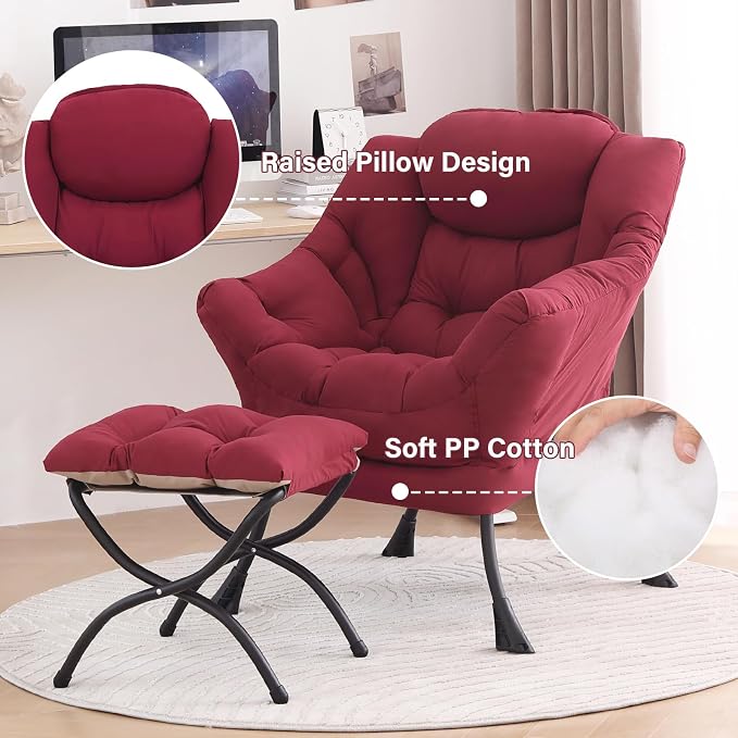 Tiita Lazy Chair with Ottoman, Red Modern Large Accent Chair, Comfy Leisure Sofa Armchair with Ottoman, Reading Chair with Footrest for Bedroom, Living Room, Dorm Rooms, Wine red