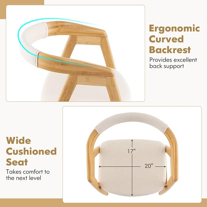 GOFLAME Bamboo Accent Chair Set of 2, Mid-Century Modern Armchair with Curved Backrest & Seat Cushion, Upholstered Reading Chair, Leisure Chair for Living Room, Bedroom, Study, Natural