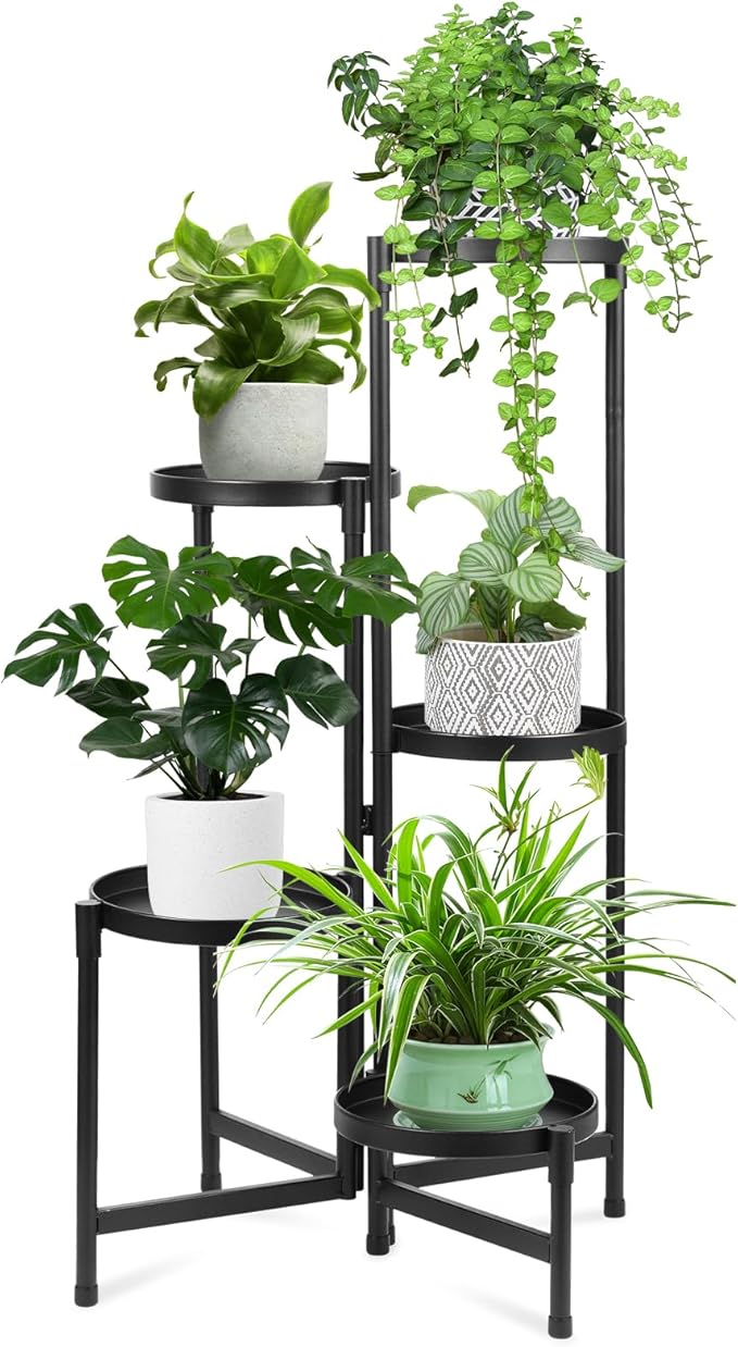 Plant Stand Indoor Outdoor 5 Tier Metal Plant Stand, Foldable Corner Plant Shelf Multi Tiered Flower Pot Holder Display Rack, Heavy Duty Multiple Plant Holder for Patio Living Room Balcony Garden, Black