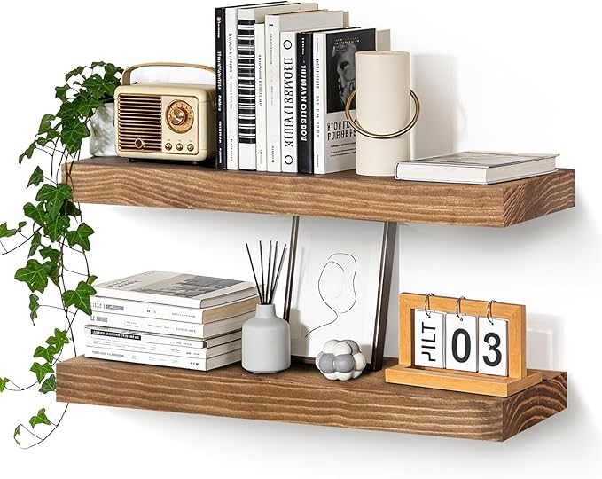 Floating Wall Shelves 24x6.8x1.7 Inch – Solid Wood Rustic Shelves in Dark Oak Finish – Wall Mounted Display Shelf for Bathroom, Kitchen, Bedroom – Set of 2
