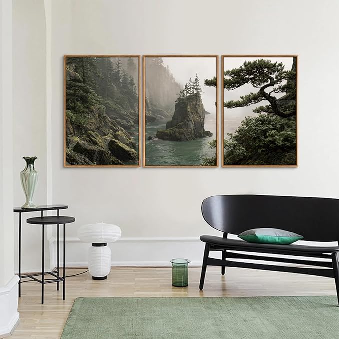 Rantodecor Coastal Forest Framed Canvas Wall Art, Pacific Northwest Coast landscape Wall Decor, Nature PNW Mountain Sea Art Paintings, Sage Green Pine Artwork for Bedroom Living Room Office 16"x24"x3