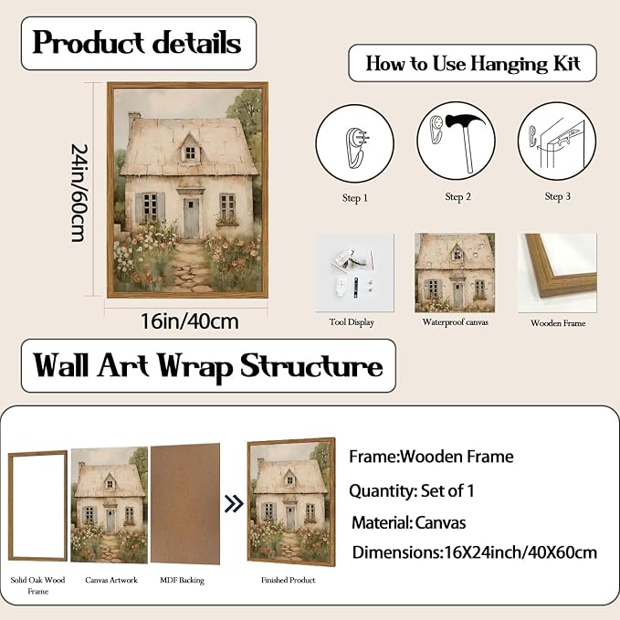 Vintage French Country Wall Art, Modern Farmhouse Wall Decor Painting, Rustic Cottage House Poster Canvas Prints Countryside Landscape Artwork for Bedroom Living Room 16x24 inch Wood Framed