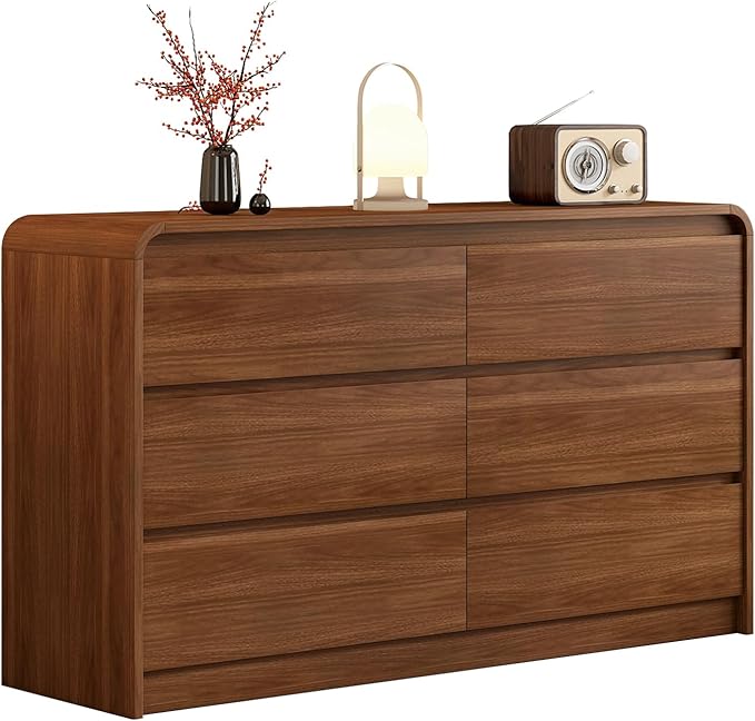 Modern 6 Drawer Dresser, 55-Inch Wood Chest of Drawers, Curved Anti-Collision Design, Mid-Century Storage Cabinet, Pre-Embedded Slots, Natural Texture, for Bedroom, TV Stand (W-55IN)