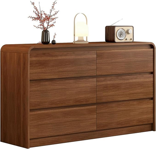 Modern 6 Drawer Dresser, 55-Inch Wood Chest of Drawers, Curved Anti-Collision Design, Mid-Century Storage Cabinet, Pre-Embedded Slots, Natural Texture, for Bedroom, TV Stand (W-55IN)