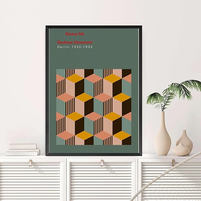 Canvas Painting Poster and Print Pictures Bauhaus Exhibition Poster Geometric Minimalist Abstract Wall Art Print Mid Century Modern Orange Sage Green Decor Bedroom and Kitchen Office Wall Decoration 16x24inch metal frame