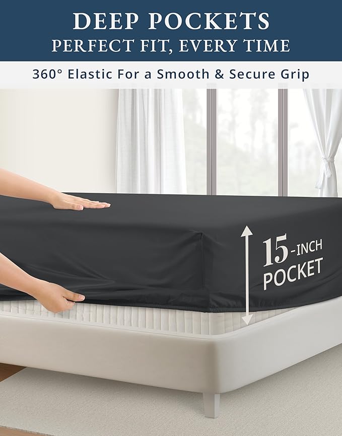LANE LINEN 100% Egyptian Cotton Sheets King Size, Fully Elasticized Reinforced Seams Extra Deep Pocket King Sheet, No Pill Fade Resistant Cooling Sheets King Size - Moonless Night