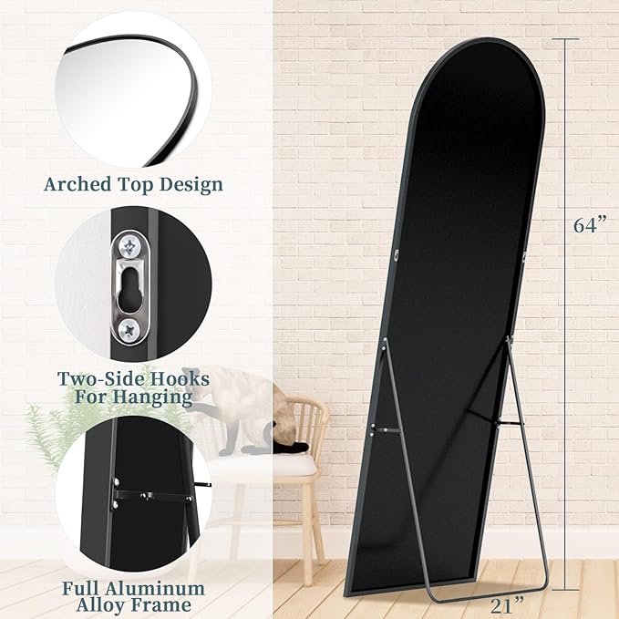 Full Length Mirror with Stand, 64"x21" Arched Full Body Mirror, Large Stand Up Aluminum Frame Floor Freestanding Hanging Leaning Mounted for Bedroom Living Room Entryway Black