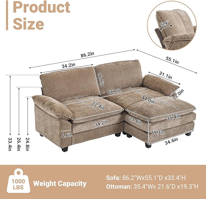 VINGLI Convertible Sectional Loveseat Sofa with Deep Seat &Movable 2-Layer Ottoman, Oversized L-shape Cloud Sofa with Chaise & Armrests, 2-Seat Sofa for Small Spaces & Apartment, Chenille, Light-Brown