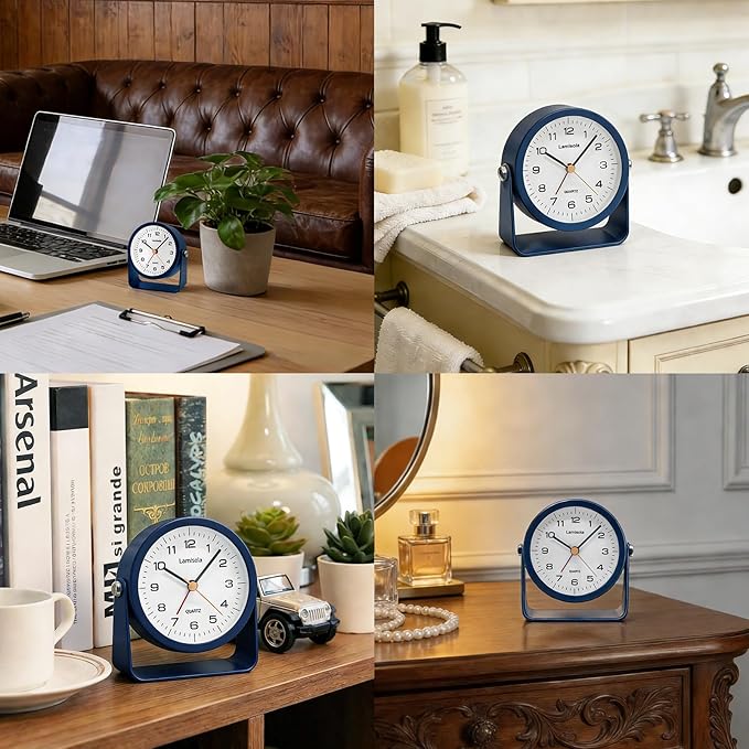 Lamisola 3.5 Inch Small Desk Alarm Clock, Battery Operated Analog Silent Clock with Night Light, Retro Vintage Metal Bedside Clock for Bedroom, Office, Bathroom, Dorm, Shelf, Table -Navy Blue