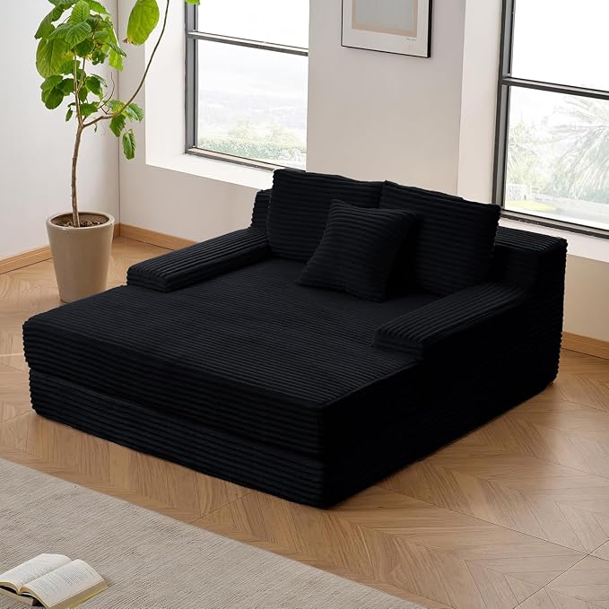 59" W Oversized Chaise Lounge Chair Indoor - 3060D Memory Foam (Springless Design), Corduroy Fabric, No Need Assembly, Boneless Chaise Lounge Sofa for Living Room, Bedroom,Black