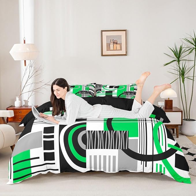 Erosebridal Art Deco Mid Century Duvet Cover Set Retro Modern Abstract Geometric Full Size Bedding Sets for Youth Boys Black and White Green Circles Stripes Comforter Cover Contemporary Bed Set